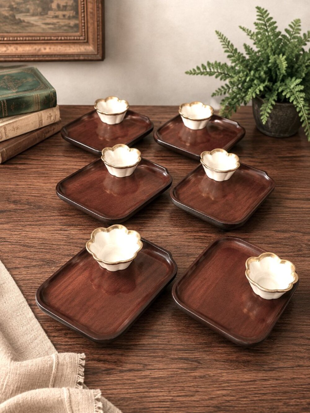 VTG Denny Francis 1978 Wood Snack Trays w/ Porcelain Dishes |  6 bowls/6 Trays